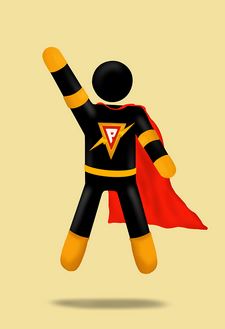 superhero depiction in black and yellow suit with red cape